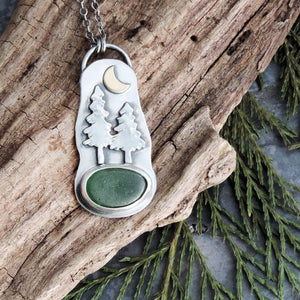 Two Pine Trees Necklace with Crescent Moon and Green Sea Glass