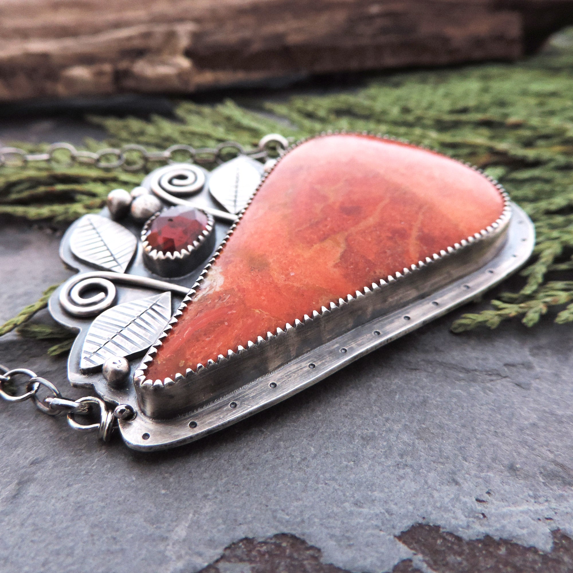 Apple Coral and Red Garnet Gemstone Statement Necklace