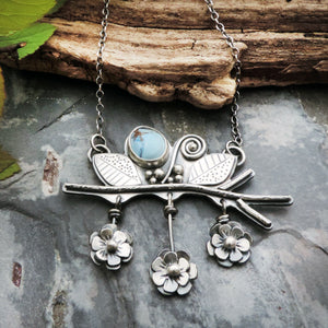 Lavender Turquoise and Three Flowers on Branch Necklace