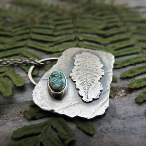Silver Organic Fern Imprint Necklace with Turquoise Stone