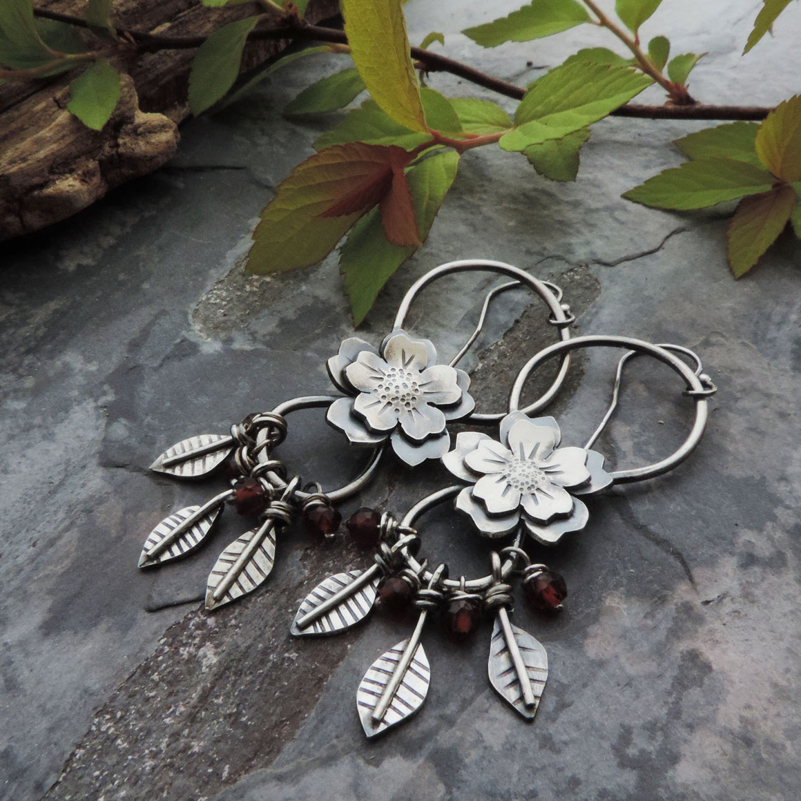 Flower Earrings on Wire with Leaves and Red Garnet
