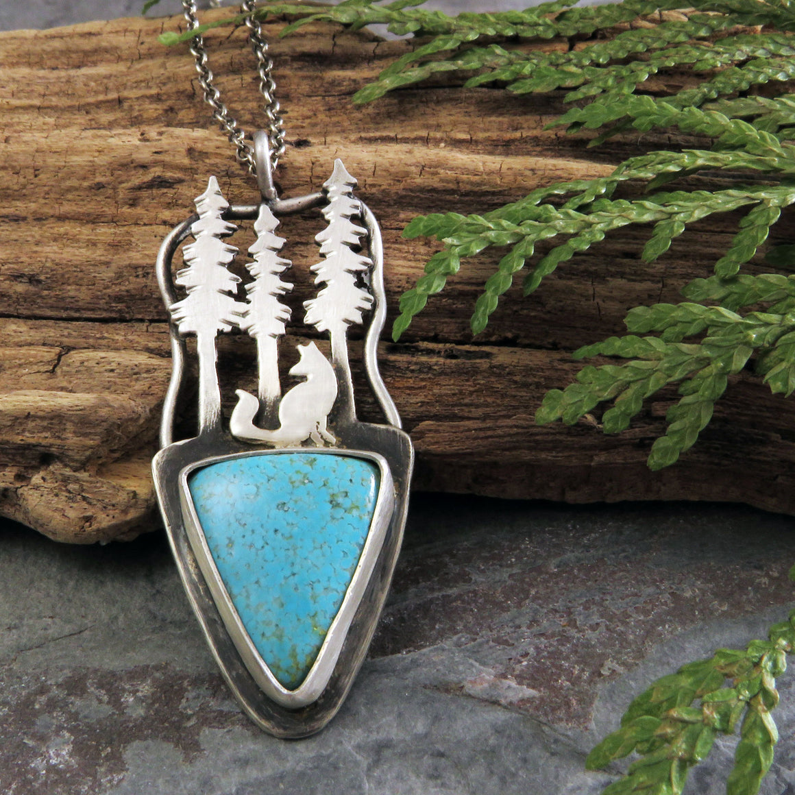 Fox in the Pine Trees Number 8 Turquoise Necklace