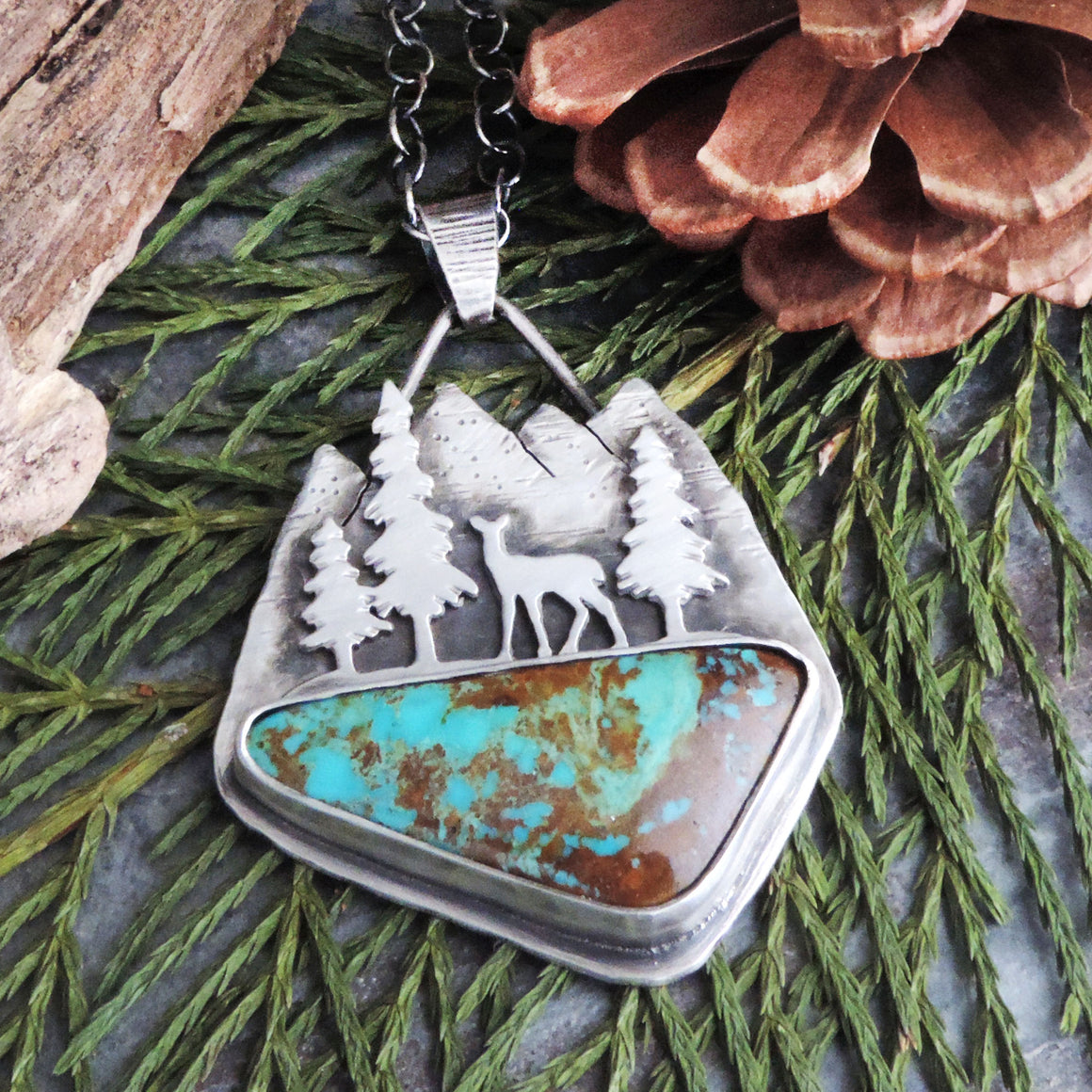RESERVED - Deer in Mountain Forest Rising Phoenix Turquoise Necklace