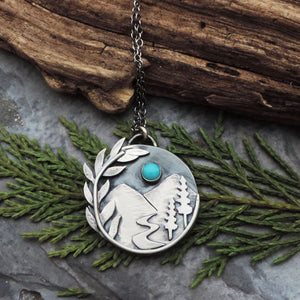 Mountain Pendant with River Stream and Laurel Leaf Border