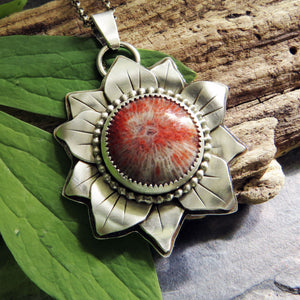 Red Horn Coral Layered Flower Pendant Necklace
