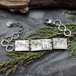 Triple Frame Mountain Bracelet with Pine Trees and Full Moon