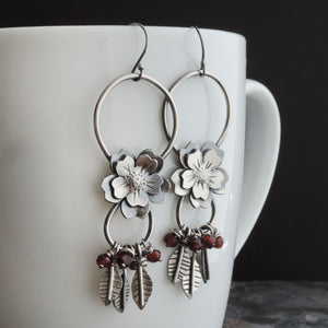 Flower Earrings on Wire with Leaves and Red Garnet