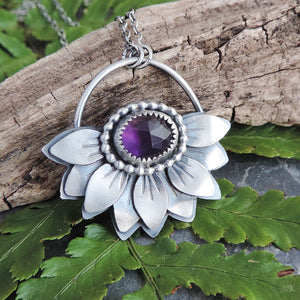 purple amethyst silver flower necklace