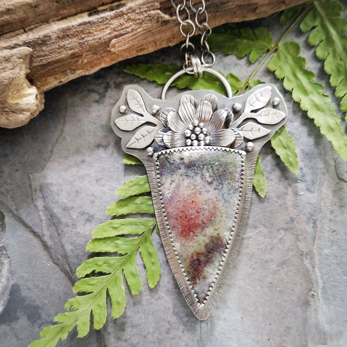 sterling silver indonesian moss agate flower necklace