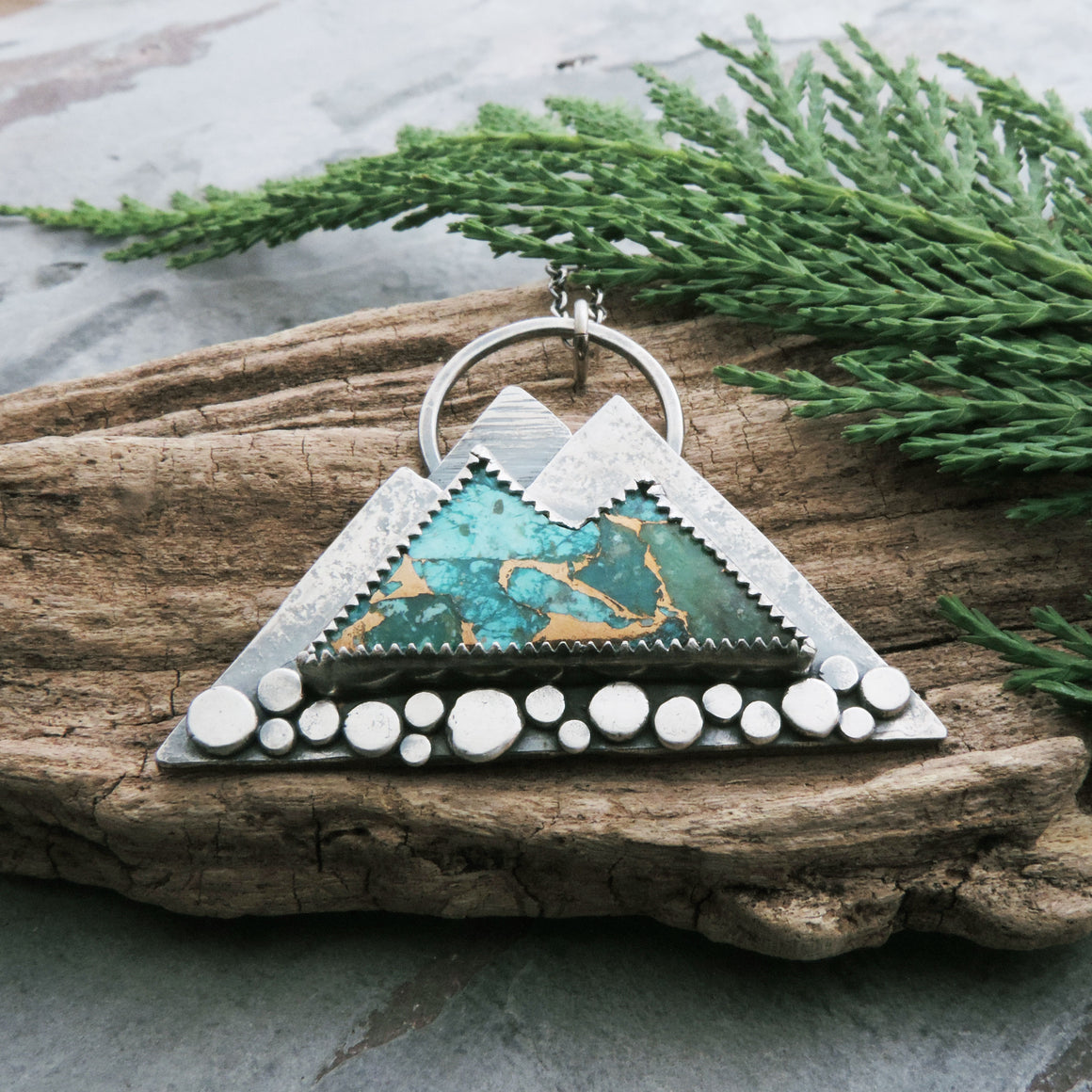 Chrysocolla Mountain Stone Pendant with Pine Tree Cut Out
