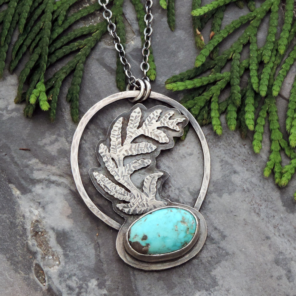 sterling silver fern necklace with turquoise stone