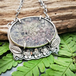 flower garden moss agate silver necklace