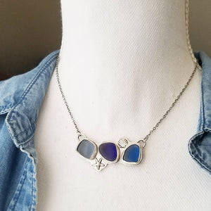 Triple Sea Glass Seashell Necklace