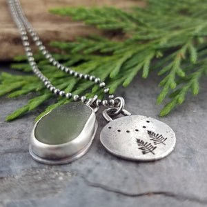 Recycled Silver Pine Tree and Sea Glass Necklace #1