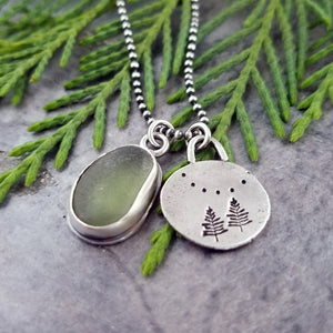 Recycled Silver Pine Tree and Sea Glass Necklace #1