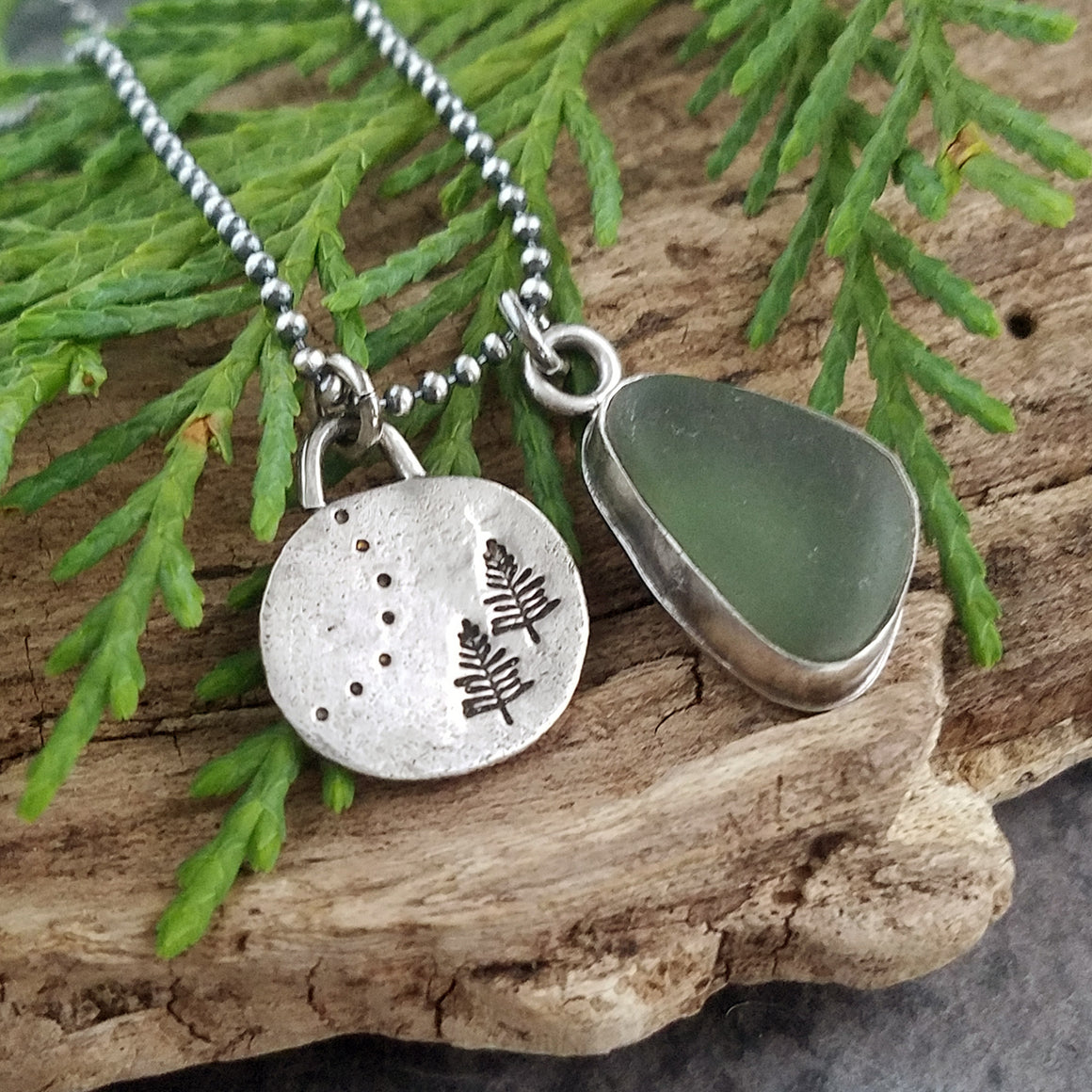 Recycled Silver Pine Tree and Sea Glass Necklace #2