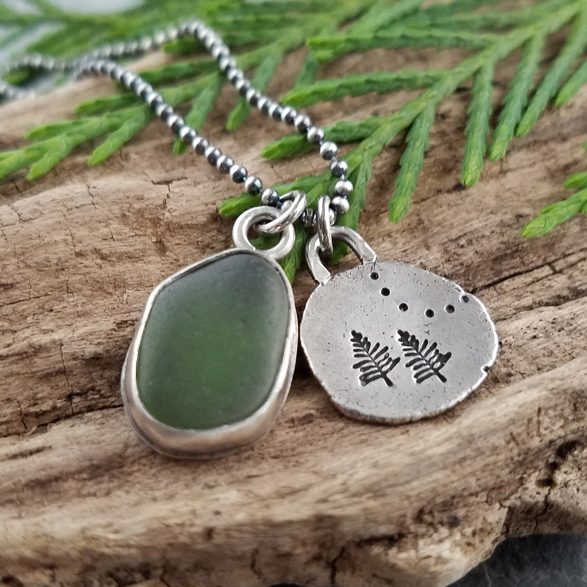 Recycled Silver Pine Tree and Sea Glass Necklace #3