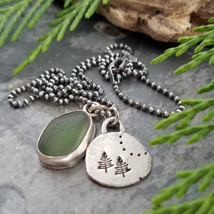Recycled Silver Pine Tree and Sea Glass Necklace #3