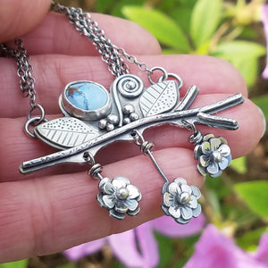 Lavender Turquoise and Three Flowers on Branch Necklace