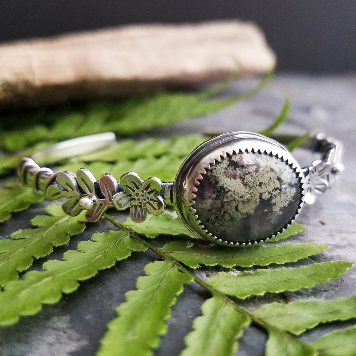 Flower Garden Indonesian Moss Agate Cuff Bracelet