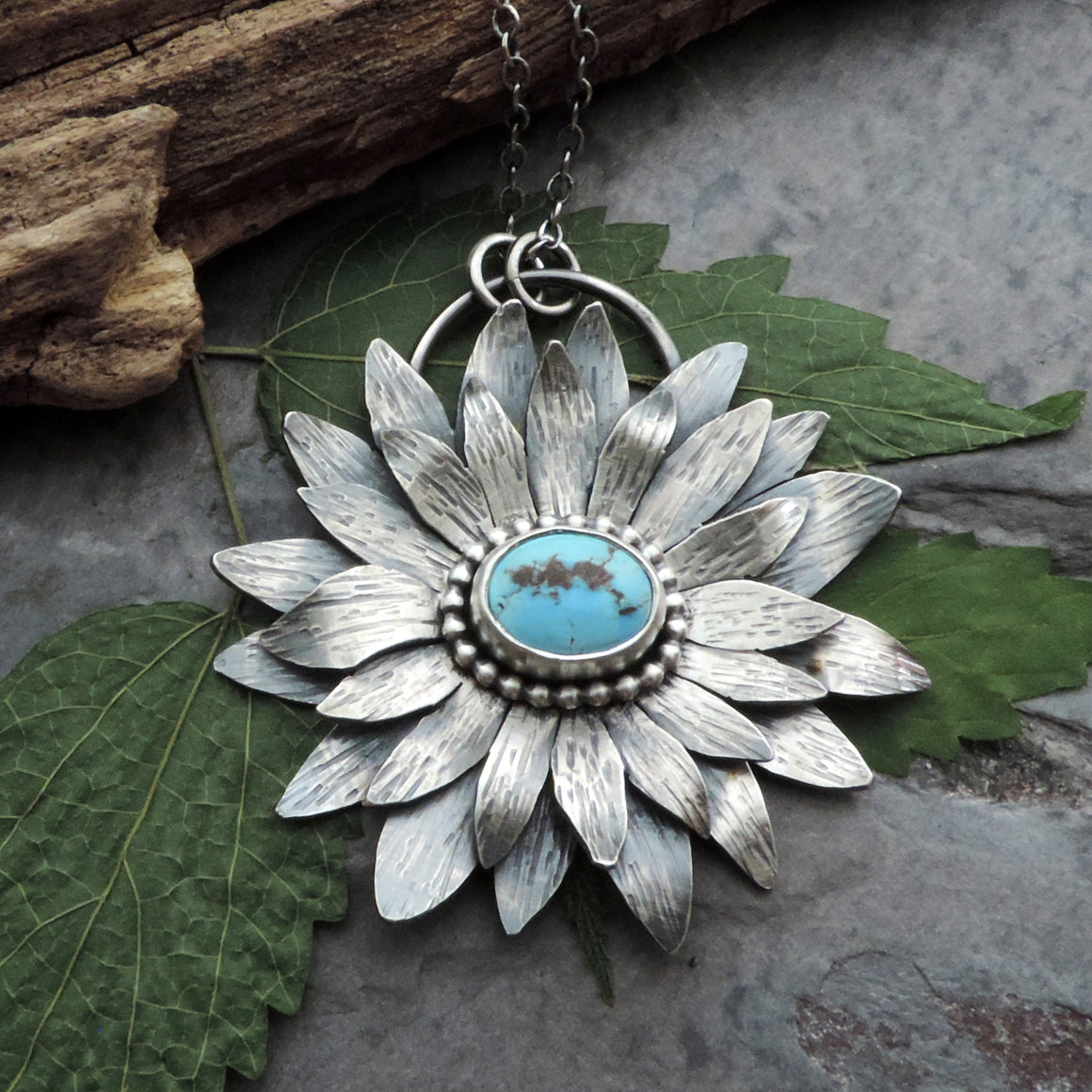 Bold Sunflower Pendant with Lavender Turquoise