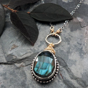 labradorite bezel pendant with gold wrapped wire