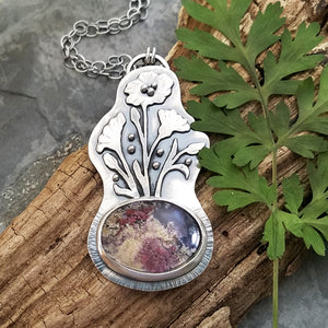 sterling silver poppy flowers and moss agate necklace