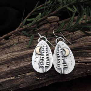 sterling silver pine tree and crescent moon earrings