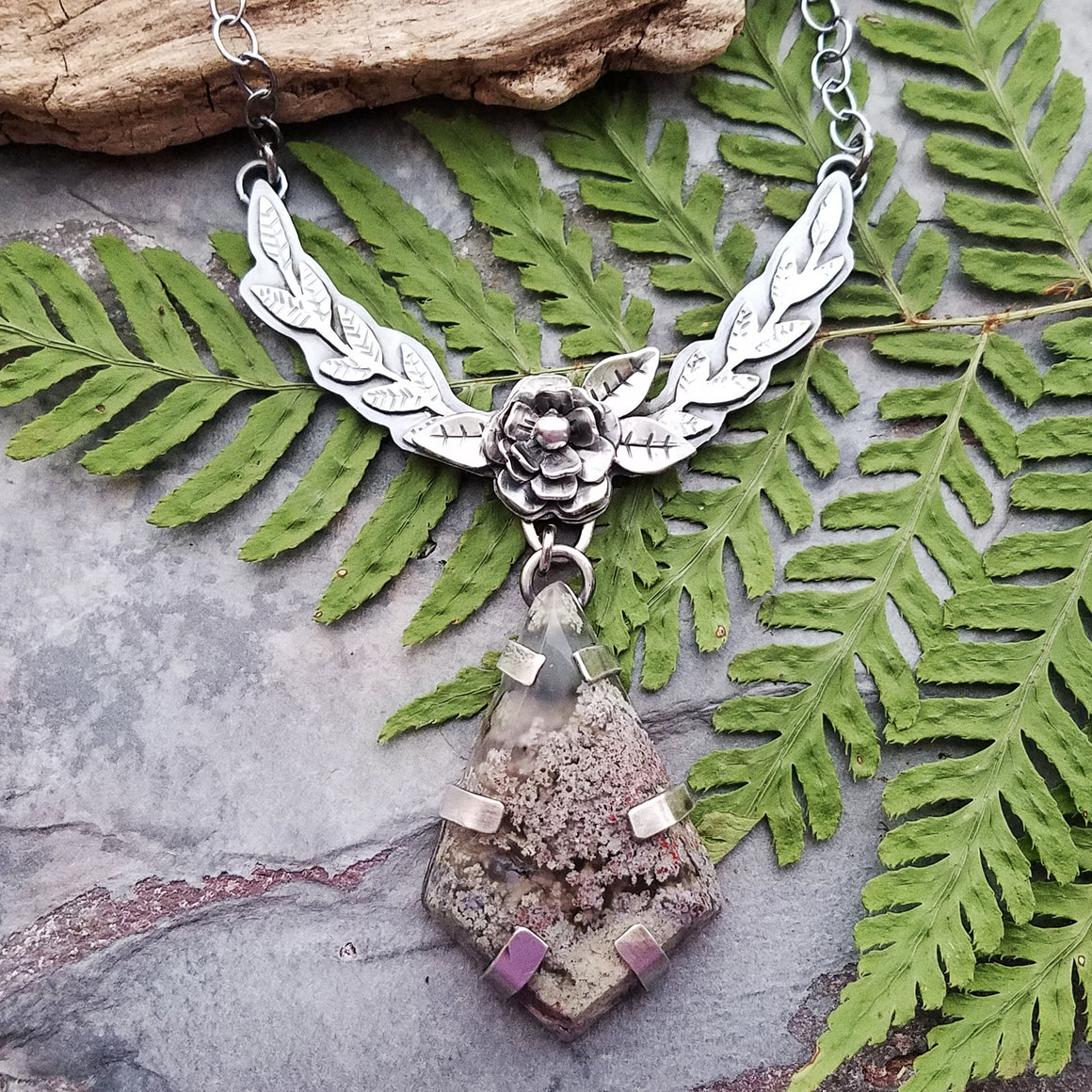 pink green indonesian moss agate floral swag necklace